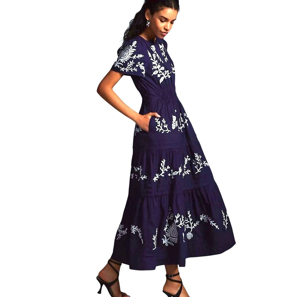 ANTHROPOLOGIE Women’s Somerset Boho Navy/Violet Blue Embroidered Dress - Picture 2 of 7